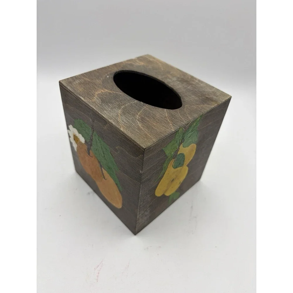 Hand Painted Wooden Tissue Box Cover Fruit Strawberry Pear Floral Rustic Country